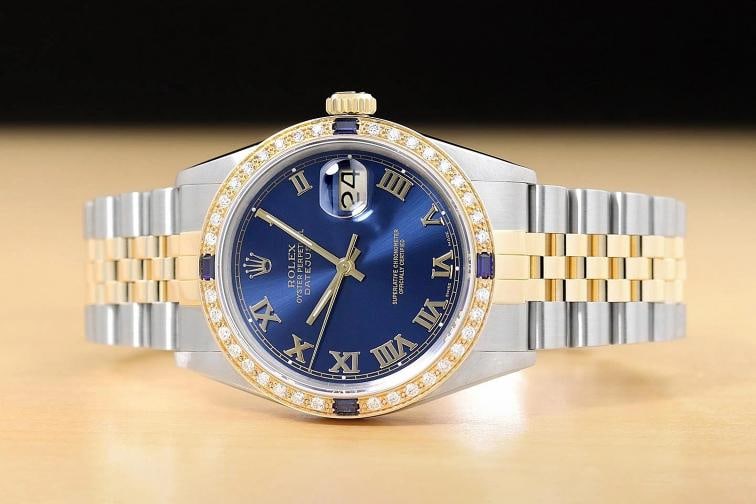 ROLEX MENS DATEJUST 16013 BLUE ROMAN DIAL SAPPHIRE DIAMOND 18K GOLD STEEL WATCH - 3