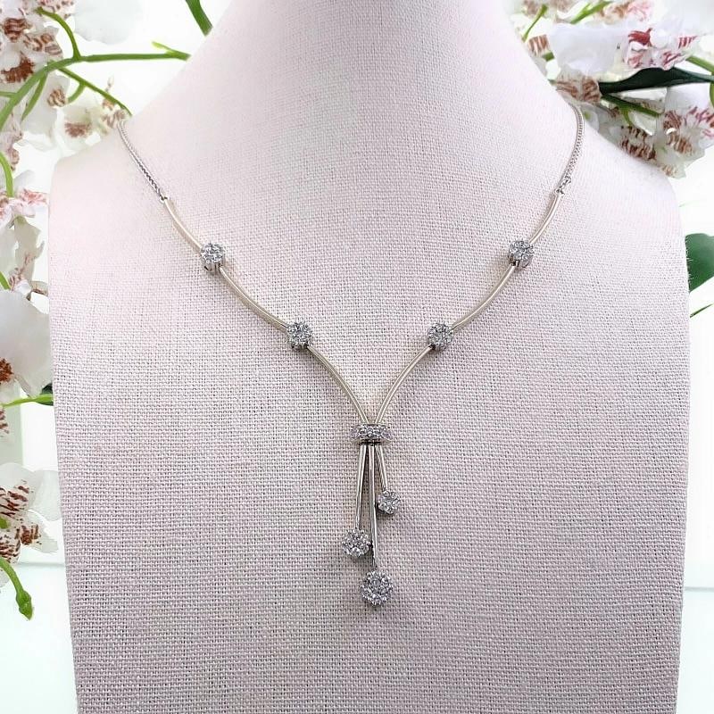Ladies Round Brilliant Diamond Flower Design Necklace 14kt White Gold - 5