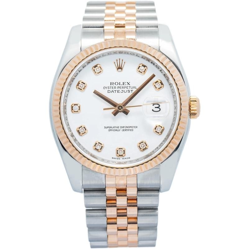 Rolex Datejust 116231 White Factory Diamond Jubilee 18k Rose TwoTone Watch 36mm: Condition: Pre-owned - Good: This item has been gently used but is in good condition. It might have a few signs of wear, like light scratches or tarnishing. ,Brand: Rolex,Type: Wristwatches,WARRANTY: 