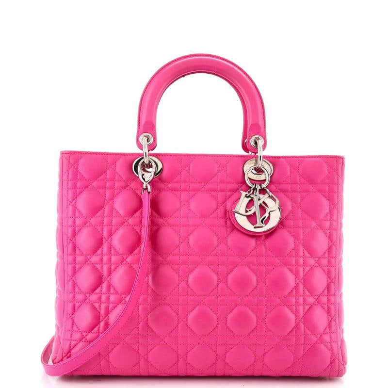 Christian Dior Lady Dior Bag Cannage Quilt Lambskin Large: Condition: Pre-owned - Good,Brand: Christian Dior,Exterior Material: Leather,Style: Totes,Exterior Color: Pink,Department: Women,Size: Large,Accessories: Dust Bag, With Strap