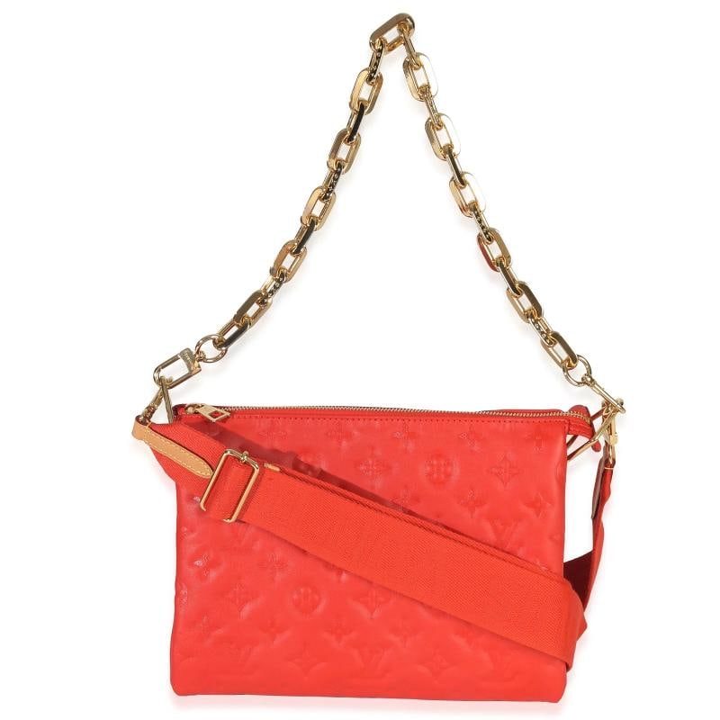 Louis Vuitton Red Monogram Embossed Lambskin Coussin PM: Condition: Pre-owned - Good,Country of Origin: France,Dimensions: 10.5 x 8 x 3,Handbag Accessories: Box;Dustbag;Removable Straps,Bag Width: 10.5 in,Bag Depth: 3 in,Bag Height: 8 in,Department: Unisex,