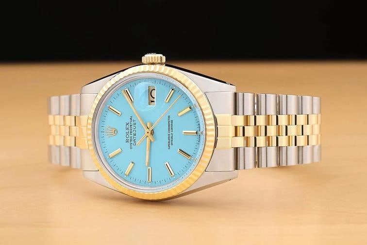 ROLEX MENS DATEJUST 16013 AQUA BLUE DIAL 18K YELLOW GOLD STAINLESS STEEL WATCH - 2