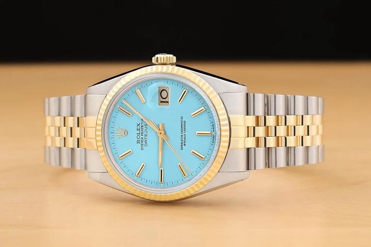 ROLEX MENS DATEJUST 16013 AQUA BLUE DIAL 18K YELLOW GOLD STAINLESS STEEL WATCH - 3