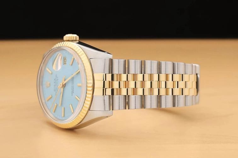 ROLEX MENS DATEJUST 16013 AQUA BLUE DIAL 18K YELLOW GOLD STAINLESS STEEL WATCH - 4