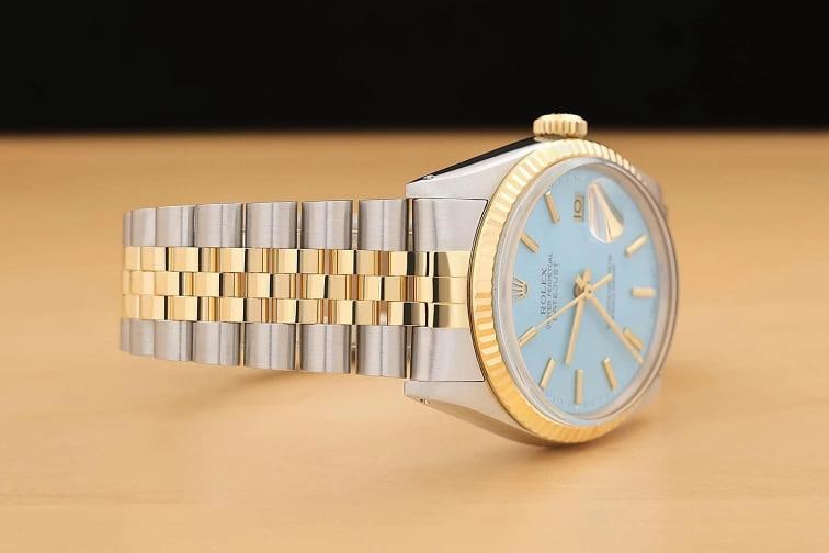 ROLEX MENS DATEJUST 16013 AQUA BLUE DIAL 18K YELLOW GOLD STAINLESS STEEL WATCH - 7