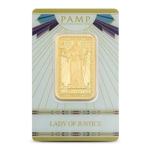 1 oz PAMP Suisse Gold Lady of Justice Bar (New w/Assay): Certification: Assay,Brand/Mint: PAMP Suisse,Country of Origin: Switzerland,Precious Metal Content per Unit: 1 oz,Fineness: 0.9999,Composition: Gold,Shape: Bar