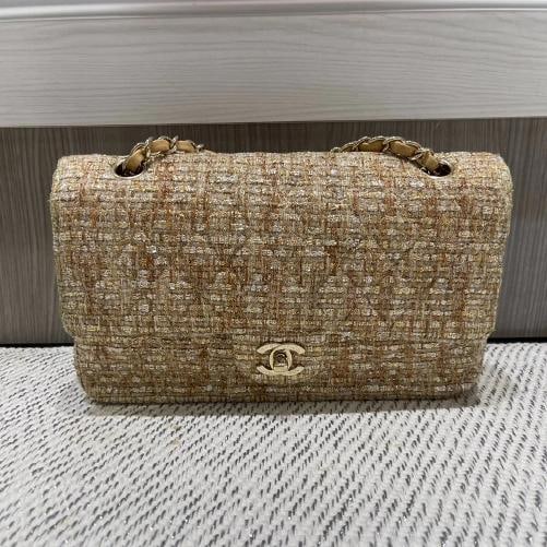 Chanel Vintage Tweed Gold Medium Classic Double Flap w/ GHW: Condition: Pre-owned - Good,Brand: CHANEL,Department: Women,Size: Medium,Exterior Color: Gold,Model: CHANEL Classic Double Flap,Theme: Classic,Style: Shoulder Bag,Exterior Material: Beige/Camel &
