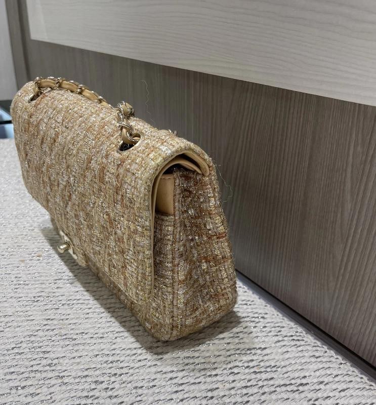 Chanel Vintage Tweed Gold Medium Classic Double Flap w/ GHW - 2