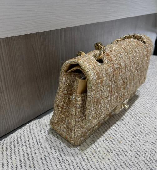 Chanel Vintage Tweed Gold Medium Classic Double Flap w/ GHW - 4