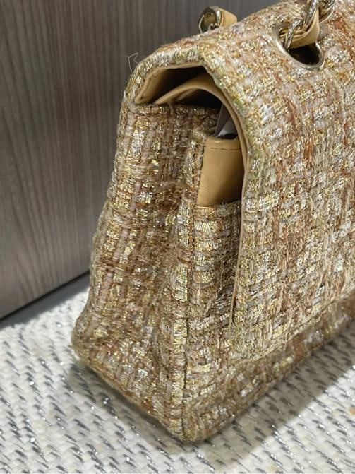 Chanel Vintage Tweed Gold Medium Classic Double Flap w/ GHW - 5