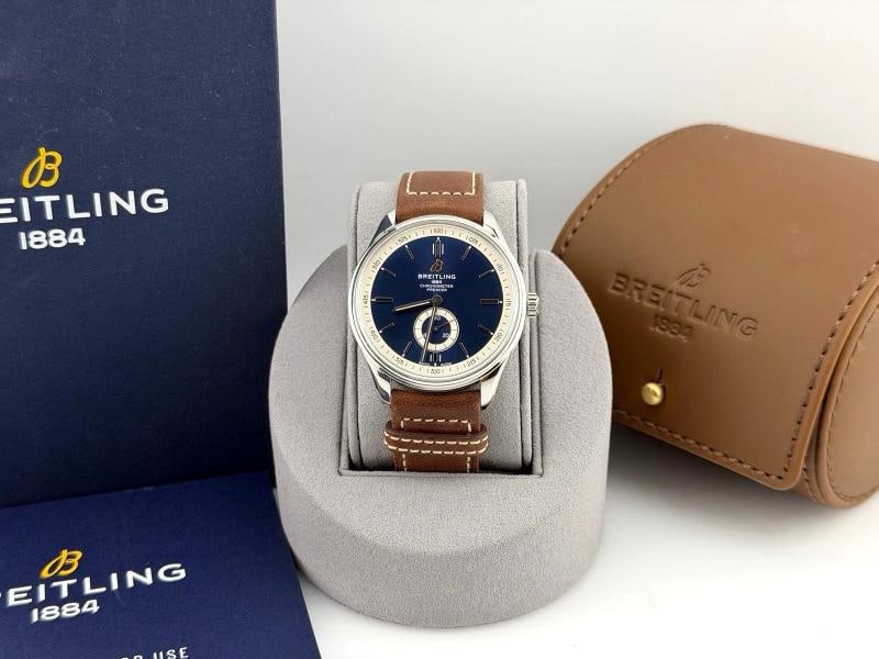 Breitling Premier Automatic A37340 40mm Blue Dial Stainless Steel Box Booklet: Condition: Pre-owned - Excellent,Bezel Color: Silver,Movement: Mechanical (Automatic),,Reference Number: A37340,Band/Strap: Two-Piece Strap,Brand: Breitling,Case Color: Silver,Department: Men,Type: