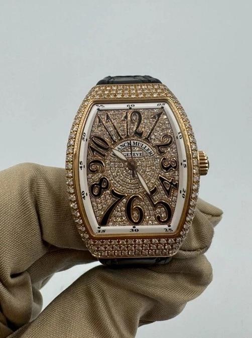 Franck Muller Ladies Vanguard 18k RG Diamond 5N NR V 32 SC AT FO Alligator Strap: Condition: Pre-owned - Good,Movement: Mechanical (Automatic),With Papers: Yes,Brand: Franck Muller,Type: Wristwatch,Department: Women,Band Material: Leather,Dial Color: Diamonds,Bezel Type: Diamond,Mo