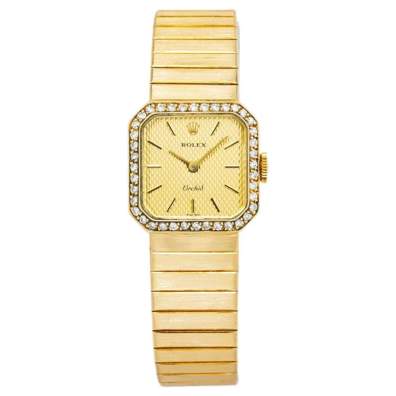 Rolex Orchid 385 Vintage 18K YG Diamond Bezel Gold Dial Quartz Lady Watch 20mm: Condition: Pre-owned - Good: This item has been gently used but is in good condition. It might have a few signs of wear, like light scratches or tarnishing. ,Brand: Rolex,Type: Wristwatches,REFERENCE: