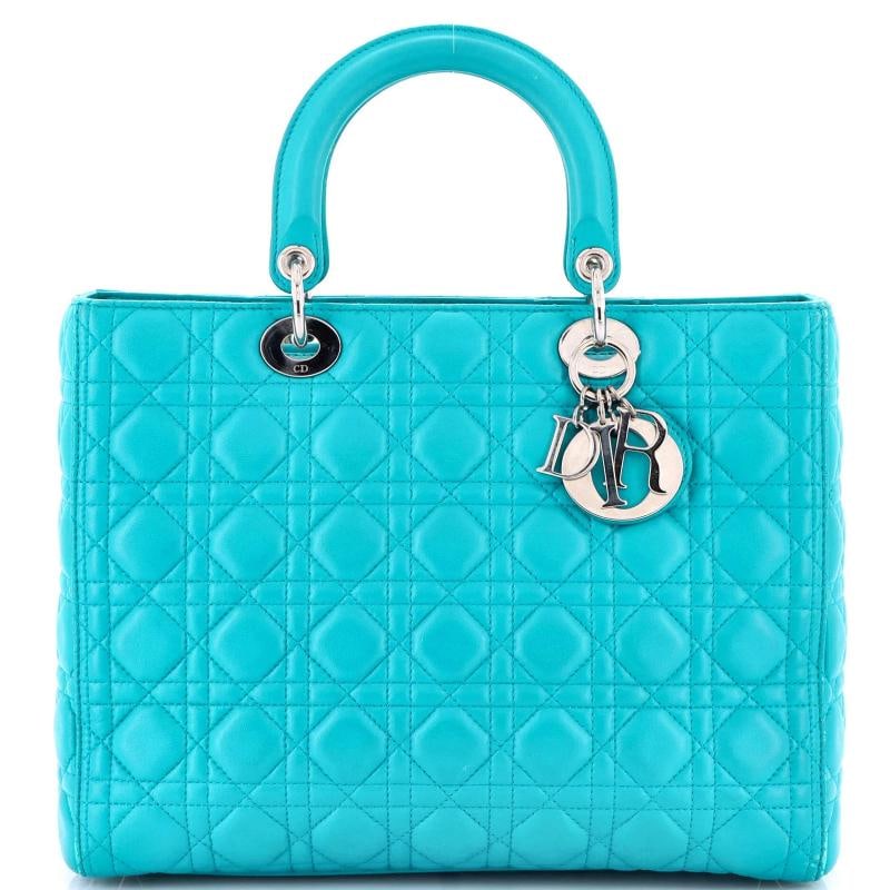 Christian Dior Lady Dior Bag Cannage Quilt Lambskin Large: Condition: Pre-owned - Good,Brand: Christian Dior,Exterior Material: Leather,Style: Totes,Exterior Color: Blue,Department: Women,Size: Large,Accessories: With Strap