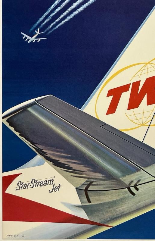 Original Vintage Poster TWA STAR STREAM JET Airline Travel 15.6" x 25.2" LINEN - 4