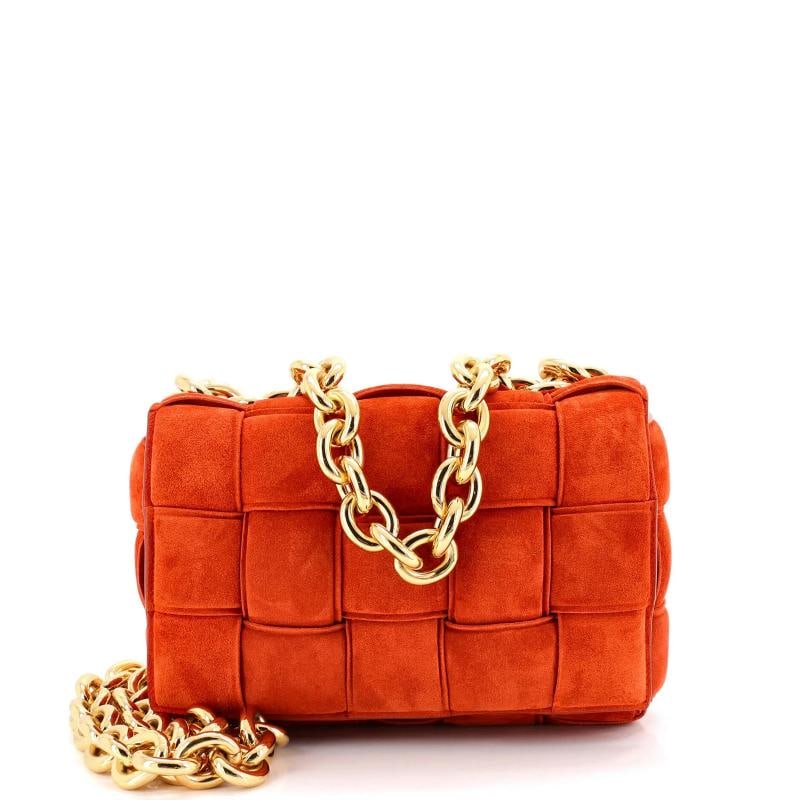 Bottega Veneta Cassette Chain Crossbody Bag Padded Maxi Intrecciato Suede: Condition: Pre-owned - Good,Brand: Bottega Veneta,Exterior Material: Suede,Style: Cross Body Bags,Exterior Color: Orange,Department: Women,Size: Unknown Estimated Retail Price: $3,750 Condition: Very 