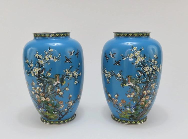 Lovely Pair Japanese Meiji Blue Cloisonne Phoenix Magpie Birds Prunus Tree Vases: Primary Material: Cloisonne,Color: Blue,Age: 1850-1899,Original/Reproduction: Antique Original,Region of Origin: Japan,Country of Origin: Japan Presented is a stunning pair of antique Japanese Meiji