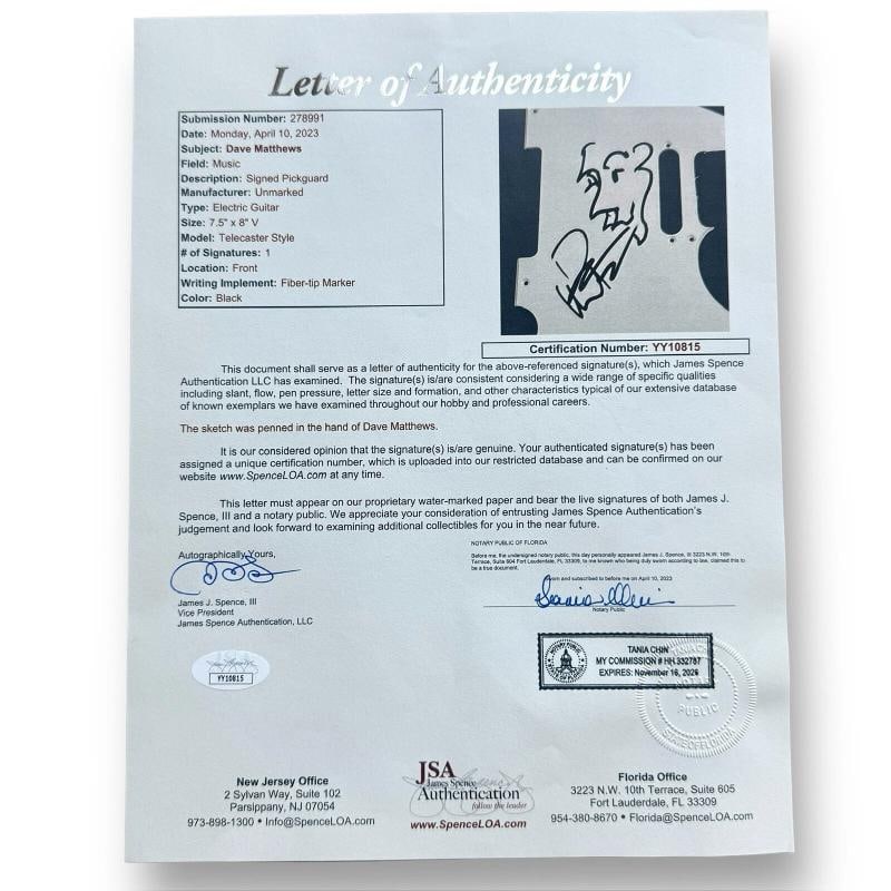 DAVE MATTHEWS Signed Guitar Custom 1/1 JSA COA W/ RARE SKETCH BAND - 4