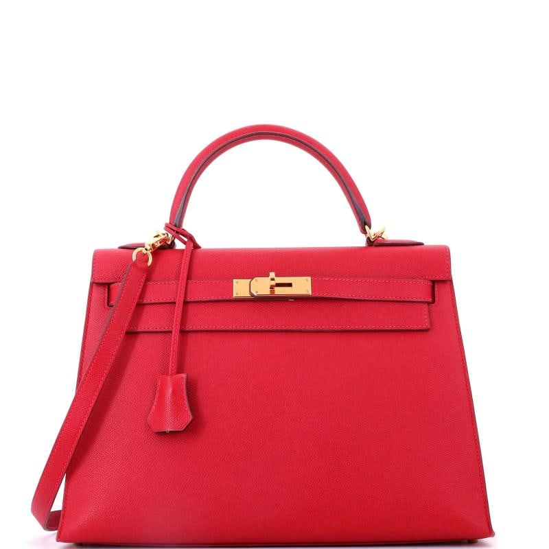 Hermes Kelly Handbag Red Epsom with Gold Hardware 32: Condition: Pre-owned - Good,Brand: Hermes,Exterior Material: Leather,Style: Top Handle,Exterior Color: Red,Department: Women,Size: 32,Accessories: Clochette, Dust Bag, Keys, With Strap Condition: