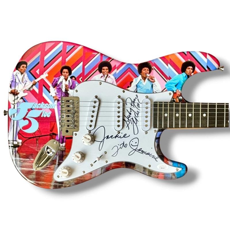 Jackson 5 Signed Guitar Custom Graphics JSA COA Tito Jackie Jermaine Marlon: Industry: Music,Signed: Yes,Autograph Authentication: James Spence (JSA),Object Type: Guitar & Guitar Pick,Original/Reproduction: Original,Country of Origin: United States Signer: Jackson 5 Jackie Jac