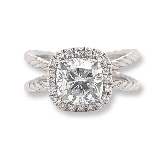 David Yurman Crossover Capri Cushion 1.84 Cts Halo Engagement Ring Platinum GIA: Condition: Pre-owned - Good,Diamond Color: G,Sizable: No,Metal: Platinum,Total Carat Weight: 2.00 - 4.99,Clarity: SI1,Certification: GIA,Modified Item: No,Main Stone: Diamond,Ring Size: 4.25,Setting