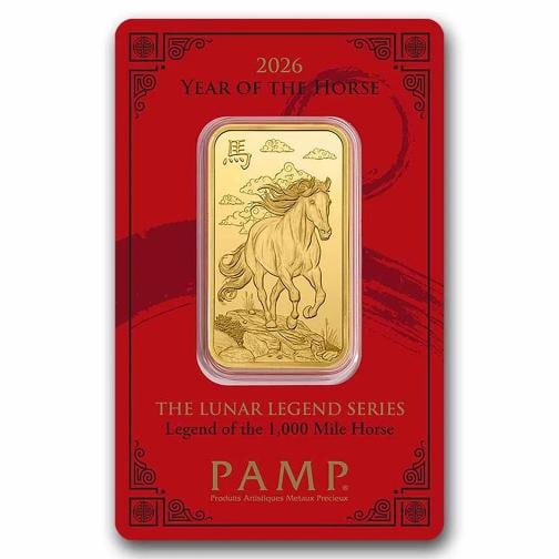 2026 1 oz Gold Bar - PAMP Suisse Year of the Horse (In Assay): Brand: PAMP Suisse,MPN: 321640,Year: 2026,Fineness: 0.9999,Denomination: N/A,Country of Origin: Switzerland,Circulated/Uncirculated: None,Certification: Uncertified