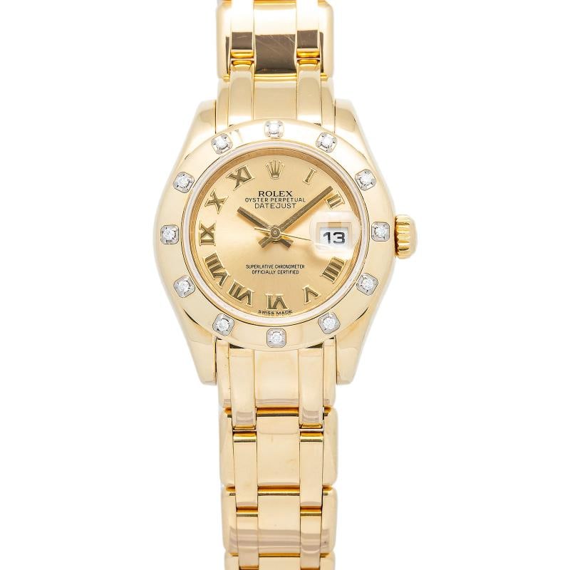 Rolex Lady-Datejust Pearlmaster 80318 Factory Diamond 18k YG Auto Women's 29mm: Condition: Pre-owned - Good: This item has been gently used but is in good condition. It might have a few signs of wear, like light scratches or tarnishing. All imperfections should be shown and descr