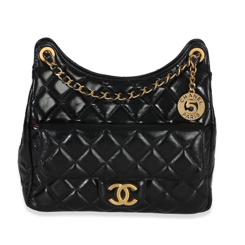 Chanel Black Quilted Shiny Crumpled Calfskin Small Wavy CC Hobo (1 of 9)