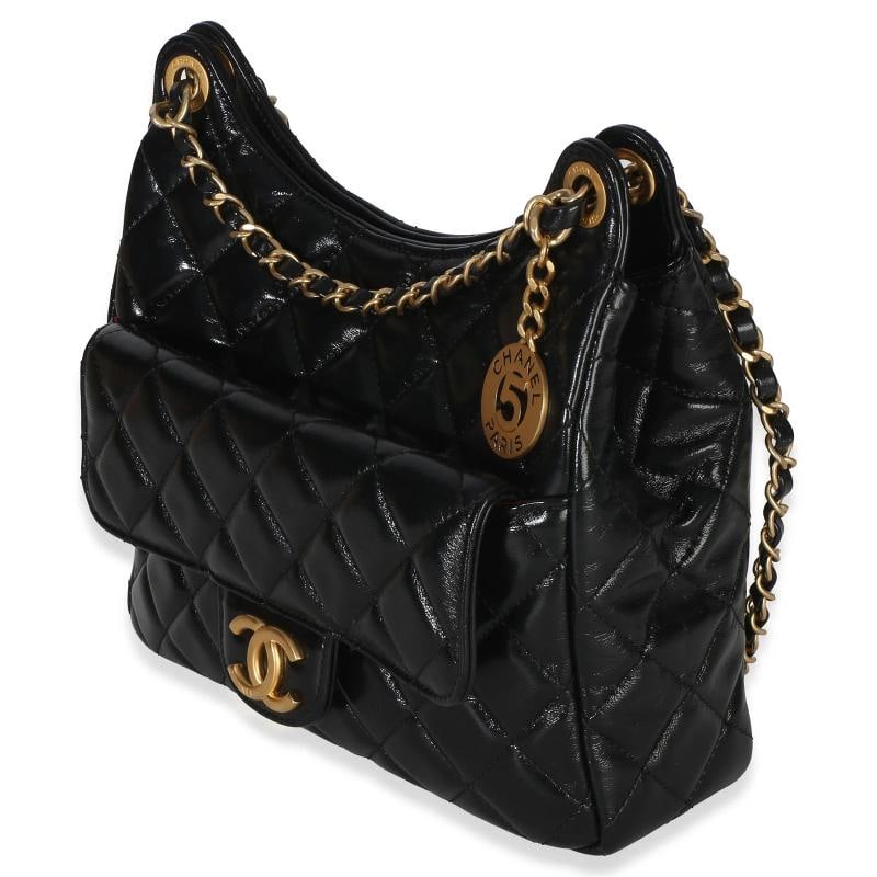 Chanel Black Quilted Shiny Crumpled Calfskin Small Wavy CC Hobo - 3