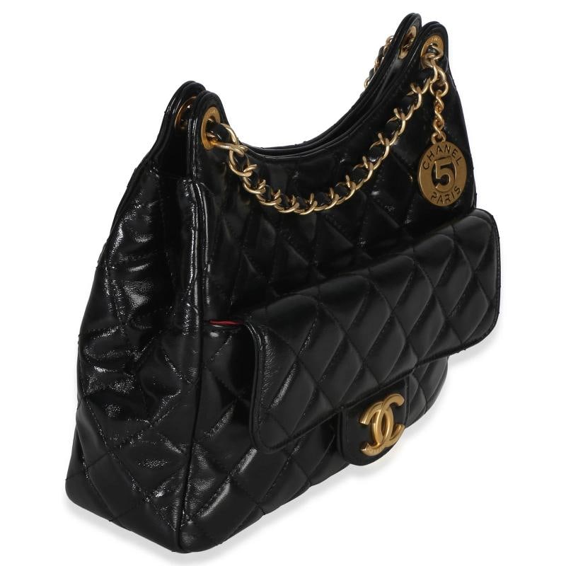 Chanel Black Quilted Shiny Crumpled Calfskin Small Wavy CC Hobo - 4