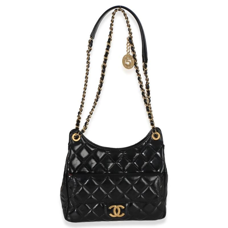 Chanel Black Quilted Shiny Crumpled Calfskin Small Wavy CC Hobo - 9