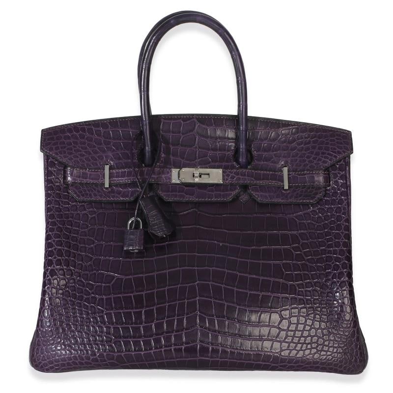HermÃƒÂ¨s Amethyst Matte Niloticus Crocodile Birkin 35 PHW: Condition: Pre-owned - Good,Dimensions: 13.25 x 10.5 x 7,Handbag Accessories: Clochette;Lock;Key,Bag Width: 13.25 in,Bag Depth: 7 in,Bag Height: 10.5 in,Department: Unisex,Style: Top Handle,Material: 