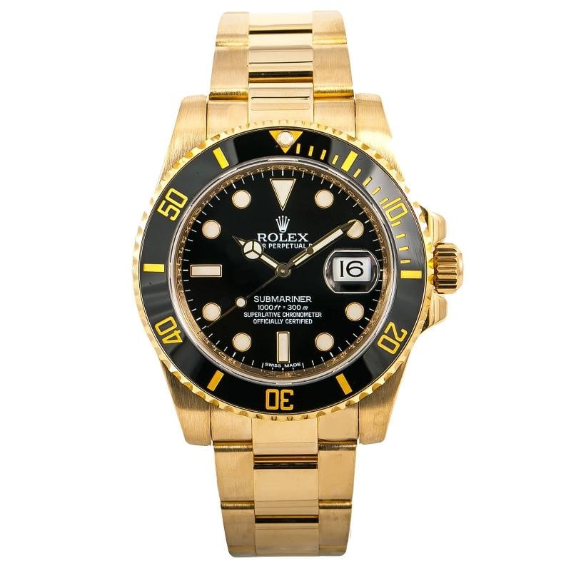 Rolex Submariner Date 116618 18k Yellow Gold Black Dial Auto Men's Watch 40mm: Condition: Pre-owned - Good: This item has been gently used but is in good condition. It might have a few signs of wear, like light scratches or tarnishing. All imperfections should be shown and descr