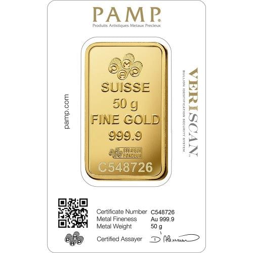 50 gram Gold Bar - PAMP Suisse - Fortuna - 999.9 Fine in Sealed Assay - 2