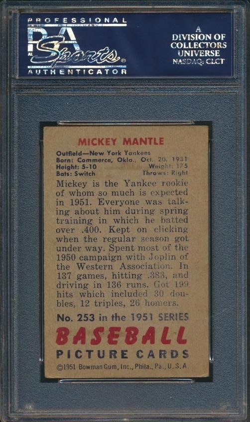 MICKEY MANTLE 1951 BOWMAN BASEBALL #253 ROOKIE CARD (PSA 3) - 2