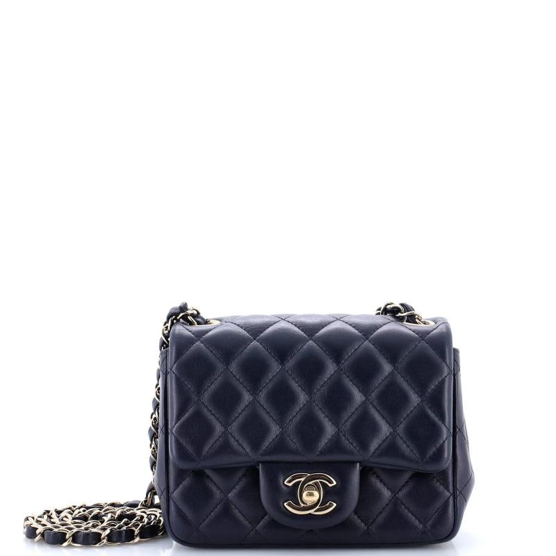 Chanel Square Classic Single Flap Bag Quilted Lambskin Mini: Condition: Pre-owned - Good,Brand: Chanel,Exterior Material: Leather,Style: Cross Body Bags,Exterior Color: Blue,Department: Women,Size: Mini,Accessories: Authenticity Card