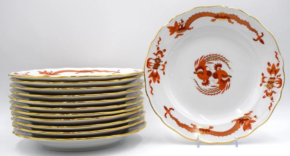 Set of 12 Meissen Red Court Dragon Dinner Plates - 2