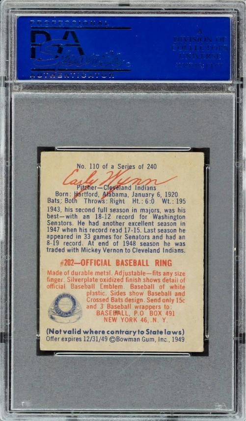 Early Wynn Signed 1949 Bowman RC 110 Cleveland Indians PSA 4 PSA/DNA #15505609 - 2