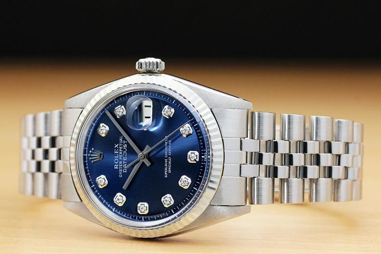 ROLEX MENS DATEJUST 1601 BLUE DIAMOND 18K WHITE GOLD BEZEL WATCH w/ ROLEX BAND - 2