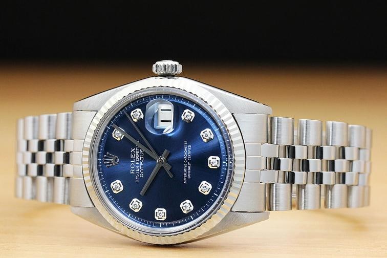 ROLEX MENS DATEJUST 1601 BLUE DIAMOND 18K WHITE GOLD BEZEL WATCH w/ ROLEX BAND - 3