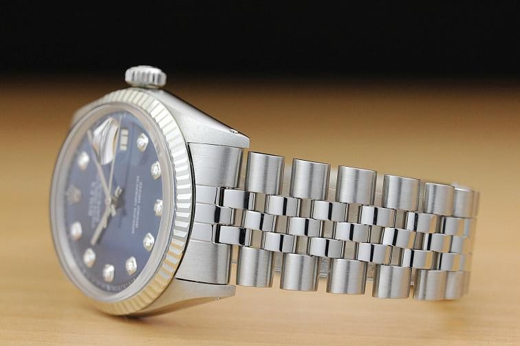 ROLEX MENS DATEJUST 1601 BLUE DIAMOND 18K WHITE GOLD BEZEL WATCH w/ ROLEX BAND - 4