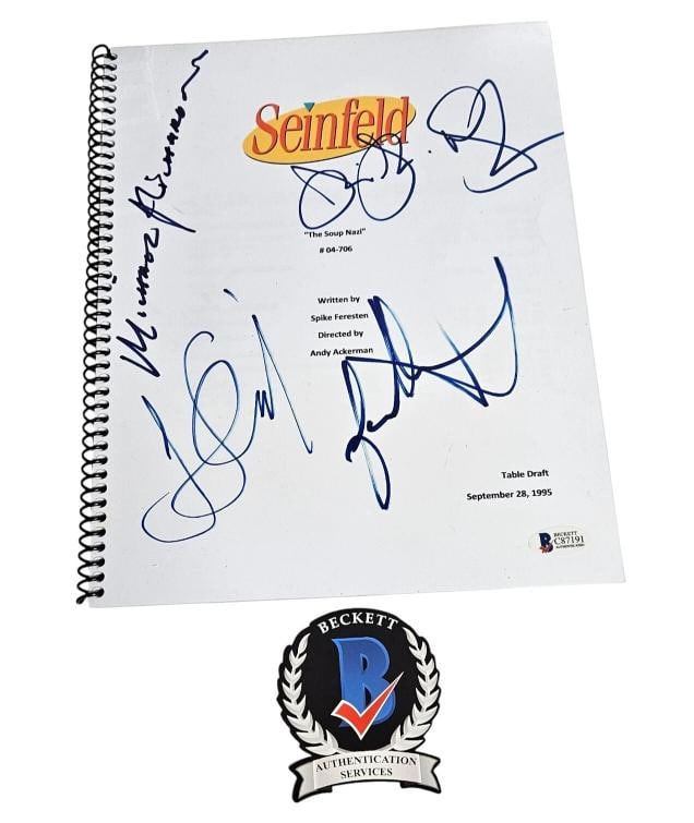 Seinfeld Cast 4 + Signed Autograph The Soup Nazi Full Episode Script Beckett BAS: Industry: Television,Signed by: JERRY SEINFELD, JASON ALEXANDER, MICHAEL RICHARDS JULIA,Signed: Yes,Autograph Authentication: BECKETT,Original/Reproduction: Original,Country of Origin: United States