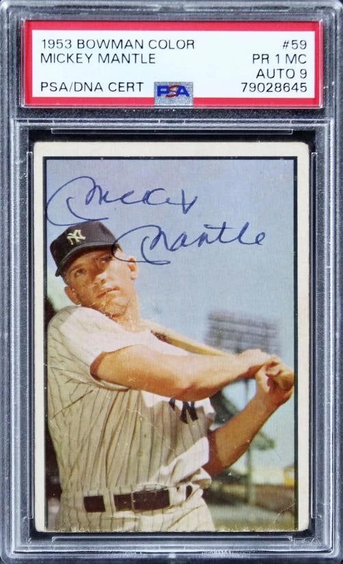 Mickey Mantle Signed 1953 Bowman Color #59 Card Grade Pr 1 MC Auto 9 PSA Slabbed: Sport: Baseball,Product: Box, Box & Case Breaks, Case, Coin, etopps (In-hand), Lot, Pack,,Original/Reprint: Original,Player: Mickey Mantle,Autograph Authentication: PSA,Team: New York