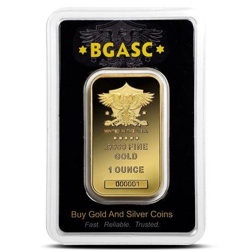 1 oz BGASC Gold Bar (New): Brand/Mint: United States,Certification: Assay Card,Precious Metal Content per Unit: 1.00000,Fineness: 0.9999,Composition: Gold,Shape: Bar,Country of Origin: United States