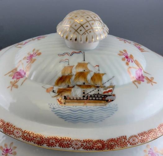 Huge Antique French Porcelain Covered Serving Dish w Ship Galleon Scene Decor - 2