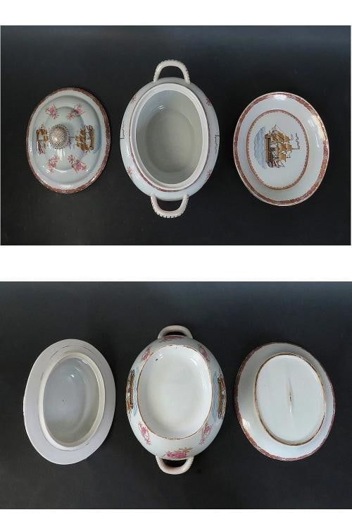 Huge Antique French Porcelain Covered Serving Dish w Ship Galleon Scene Decor - 7