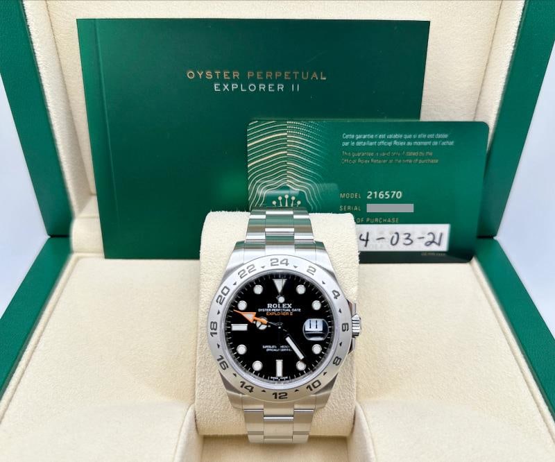 2021 Rolex Explorer II 216570 42mm Black Dial Stainless Steel Box Papers: Condition: Pre-owned - Excellent,Bezel Color: Silver,Year Manufactured: 2020-Now,Band/Strap: Rolex Oyster,Case Color: Silver,Department: Men,Watch Shape: Round,Style: Casual, Classic, Dress/Formal,