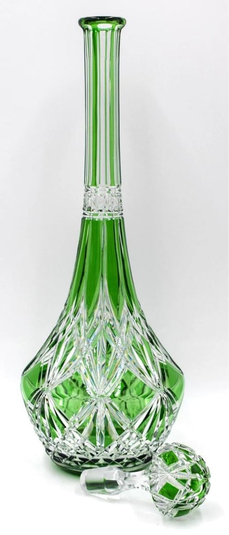 Baccarat France Green Cut to Clear Tall Decanter, Circa 1920 - 5