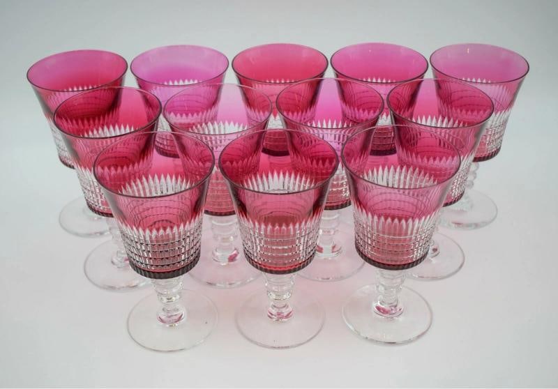 12 Dorflinger - Val St. Lambert - Cranberry Cut to Clear Water Glasses C 1920 - 2