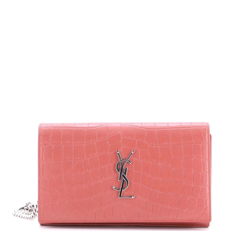 Saint Laurent Classic Monogram Wallet on Chain Crocodile Embossed Leather Small: Condition: Pre-owned - Good,Brand: Saint Laurent,Exterior Material: Leather,Style: Cross Body Bags,Exterior Color: Red,Department: Women,Size: Small,Accessories: Dust Bag, With Strap Condition: Good.